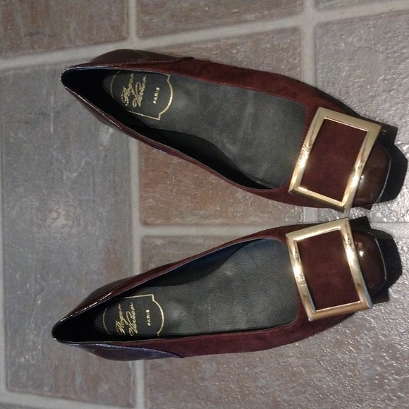 Roger Vivier burgundy patent cap toe suede buckle logo ballet flats size 36 - Picture 12 of 15